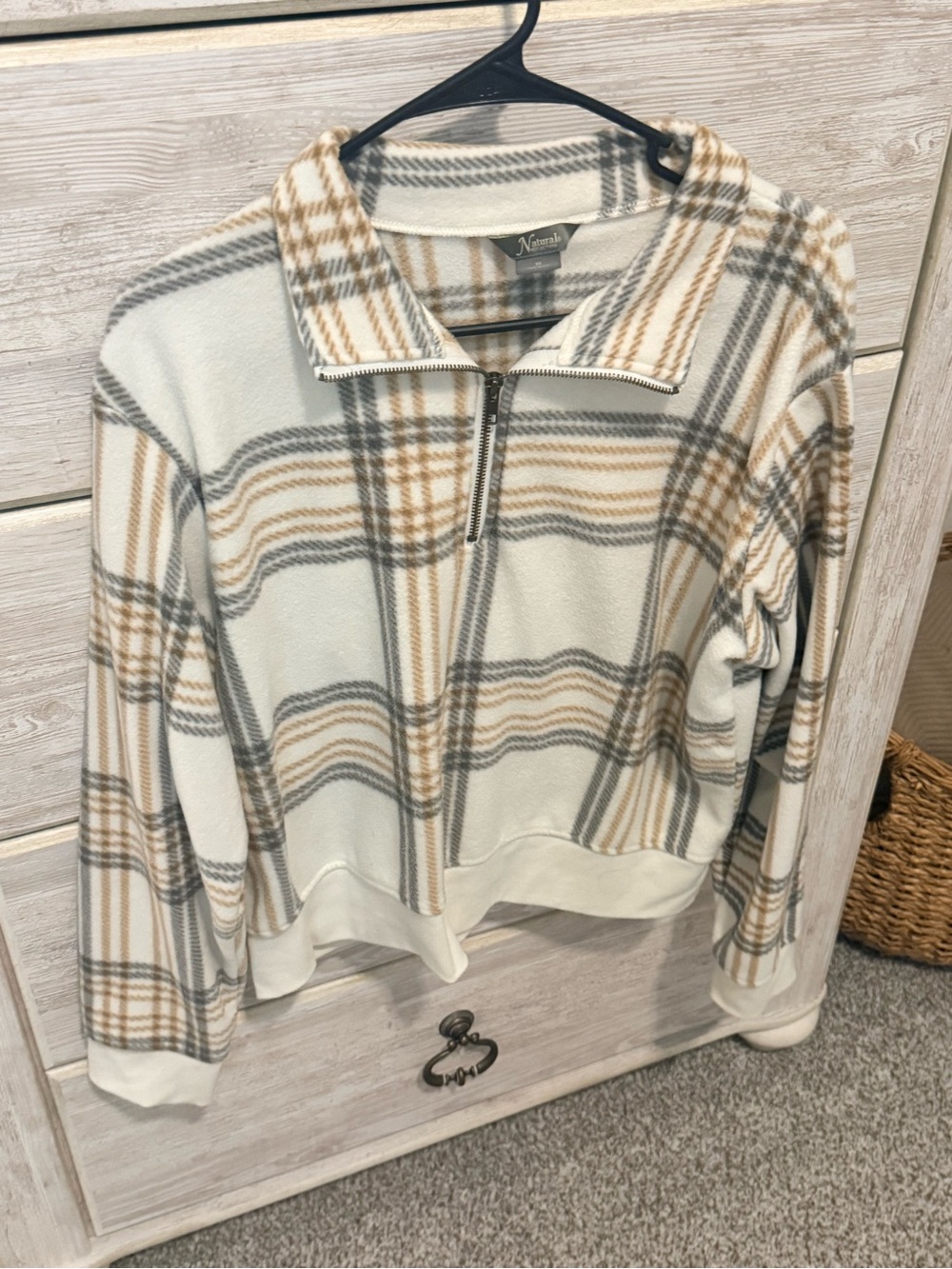 Nautica Cream Plaid Half-Zip Fleece Pullover with Tan & Gray Stripes